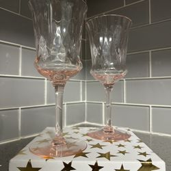 2 Tiffin Glass Company Diamond Optic Pink Wine Glasses Depression Era Stemware