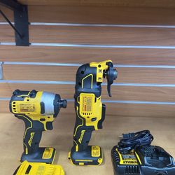 DeWalt 20V MAX brushless cordless power tools: a 1/4 inch impact driver (Model DCF809) and an oscillating multi-tool (Model DCS354)