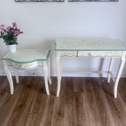 Entry way table. 2 tables and chair. Big table: 36” * 30” * 15.5” Small table: 24” * 24” * 16”
