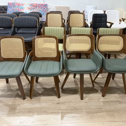 Set of 4，Green Rattan Dining Chairs - Mid Century Modern Dining Chairs with Walnut Bentwood Frame, Ergonomic Rattan Back, Curved Arms, Versatile for L