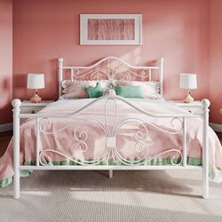 Full Size Bed Frame with Headboard,Metal Bed Frame with Butterfly Pattern Design Headboard & Footboard,No Box Spring Needed,Easy Assembly,White 
