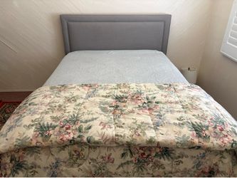 Full Size Upholstered Bed in Classic Grey Linen Includes Mattress, Topper and Box Spring