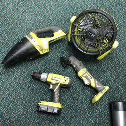 Combo Drill Set, Tools-Power Ryobi Drill Fan Vacuum and Multitool 1 Battery No Charger