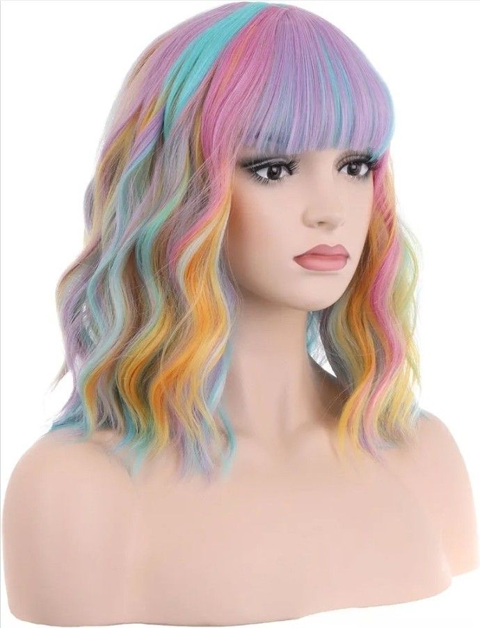 14 Inches Rainbow Wig Short Wavy Pastel Wig with Bangs Multi Color Wig