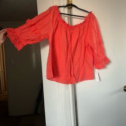 Coral Eyelet Blouse With Fringe Tassels