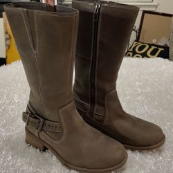 UGG Brown Distressed Buffed Leather Strappy Moto Sherpa Tall Riding Boots Size 5