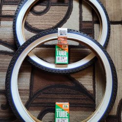 NEW Bicycle Bmx Cruiser Tires 24" White Wall Dark Blue Trim Diamond Pattern
