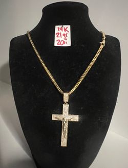 For Wedding 14K Yellow Gold Franco Chain and Pendant CUBIC ZIRCONIUM STONES 21Gr 20 Inches Long