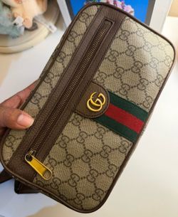 Gucci Ophidia Small GG Canvas Belt Bag Waist Pouch Brown Leather Trim Web Stripe