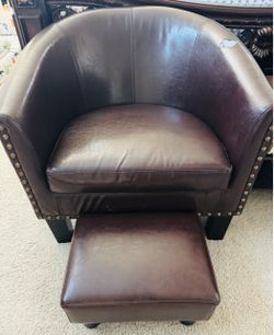 Brown Leather Barrel Chair with Ottoman