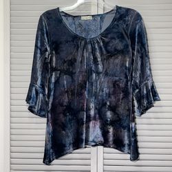 LIVE AND LET LIVE Velvet Tunic Top V-Neck Bell Sleeve Lace Blue/Purple size Medium Women’s 