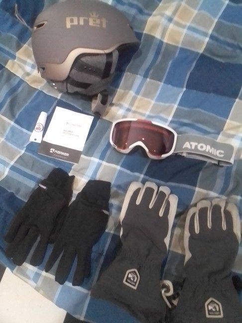 Skiing Helmet, Glasses, Gloves 