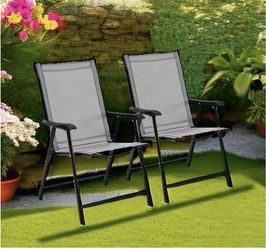 set of 2 with armrests, outdoor folding chairs with metal frame and backrest for lawn, garden, yard and poolside, gray
