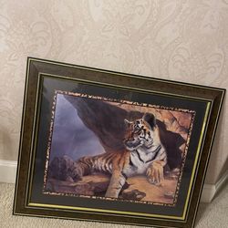 Home Interiors BENGAL TIGER PICTURE Linda Wacaster 33 X 27 Wood Frame Wall Art