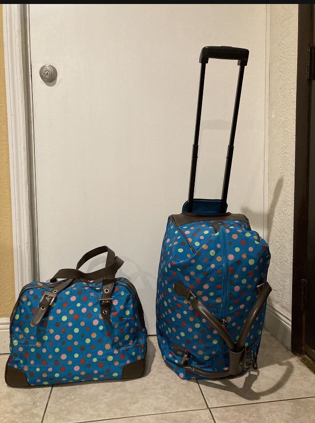 Set Of 2 BUENO Rolling Polka Dot Upright Duffel Bag Suitcase Carry On 21” Tall And Carry On Shoulder 17” Wide… In Great Condition… BOTH FOR…$55