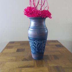 Tin Vase With Artificial Red Flowers & Twigs