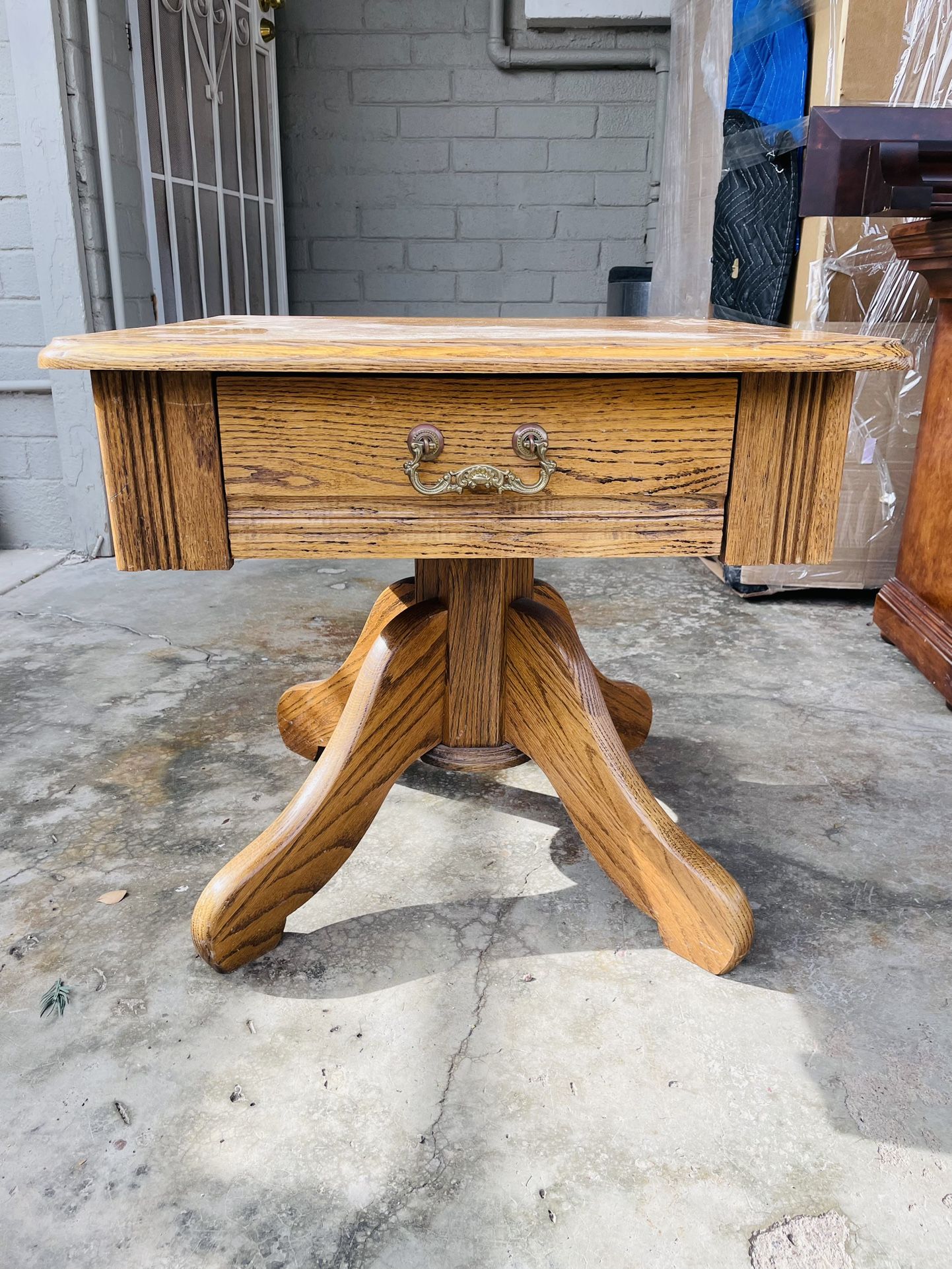 Antique Oak Side Table Solid Wood Vintage Pedestal End Table Nightstand 