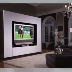 Only 900.00  LIKE NEW!!! MODERN LIGHTED TV STAND WALL UNIT CONSOLE ENTERTAINMENT AND MEDIA CENTER WITH STORAGE FOR FLAT PANEL MOUNTED TV up to 65  