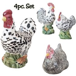 🐓 Set of 4 Farmhouse Rooster & Hen Figures – 3 Hens + 1 Rooster – Large Vintage Décor