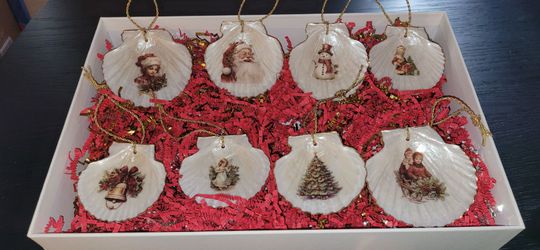Handmade Vintage Christmas Shell Ornaments Set of 8