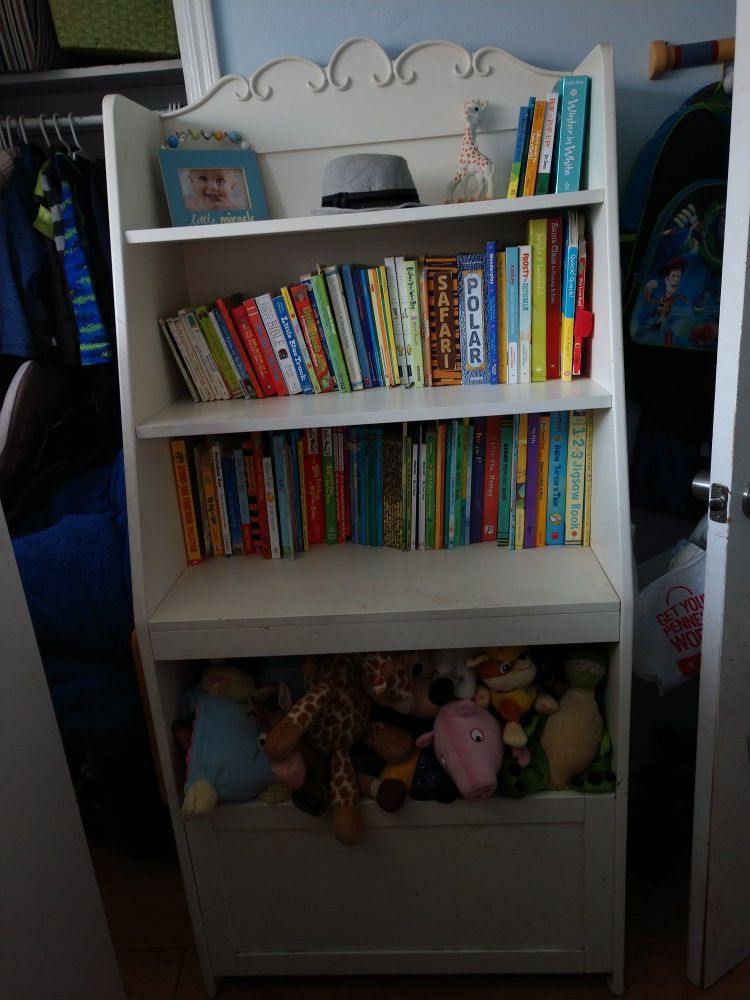 solid wood white bookcase with toy storage 30" wide and 19" wide at base