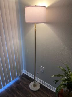 Modern Gold Floor Lamp with Marble Base & Fabric Shade – Excellent Condition