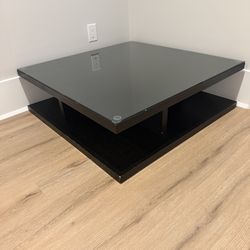 Crate & Barrel Modern Black Hardwood & Glass Low Coffee Table