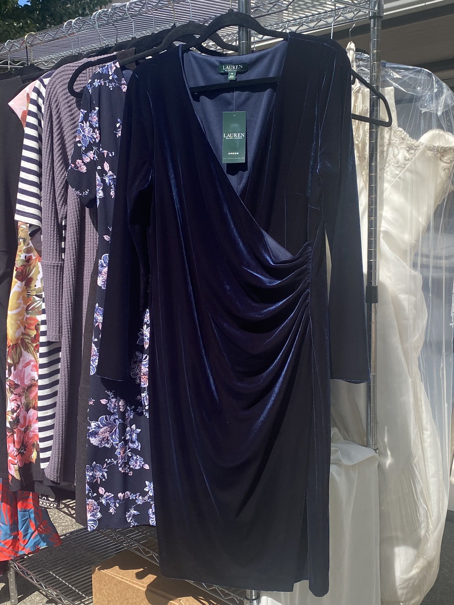 Gorgeous Night Blue Velvet Rouched Dress LAUREN by Ralph Lauren NWT Sz 16