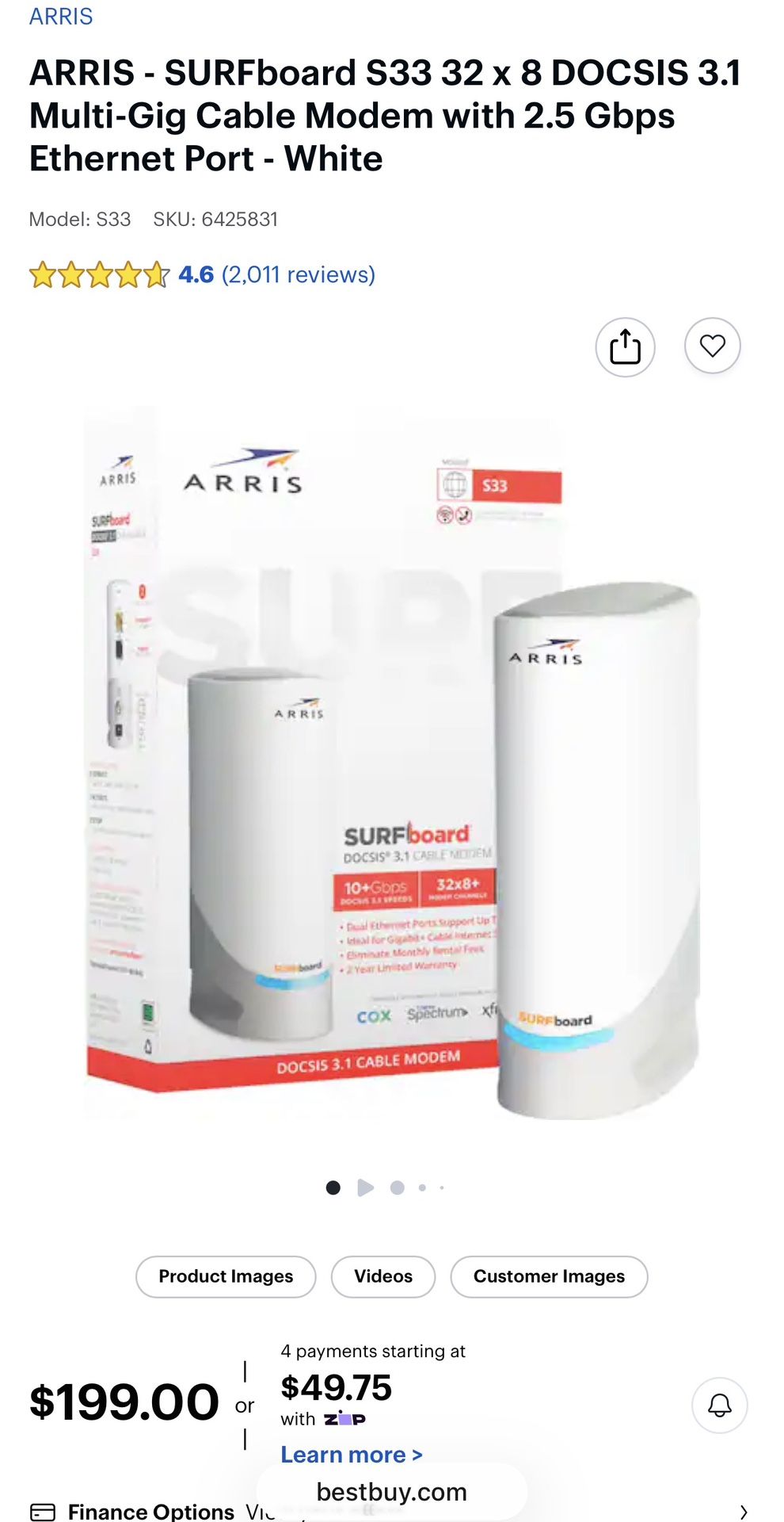 New condition ARRIS - SURFboard S33 32 x 8 DOCSIS 3.1 Multi-Gig Cable Modem with 2.5 Gbps Ethernet Port - White 