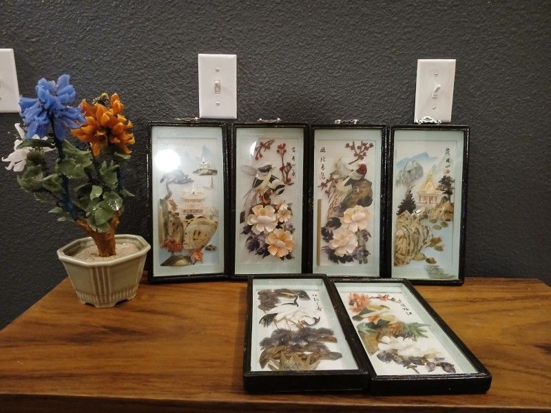 Vintage Framed Chinese Shell Art and glass bonsai tree