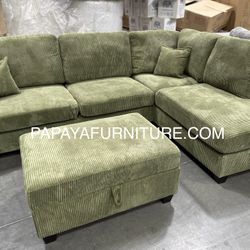 New! Plush Avocado Green Sectional, Sectional And Storage Ottoman, Sectionals, Sofa, Couch, Beige Couch, green Couch, Corduroy Sectional, USB Charger 