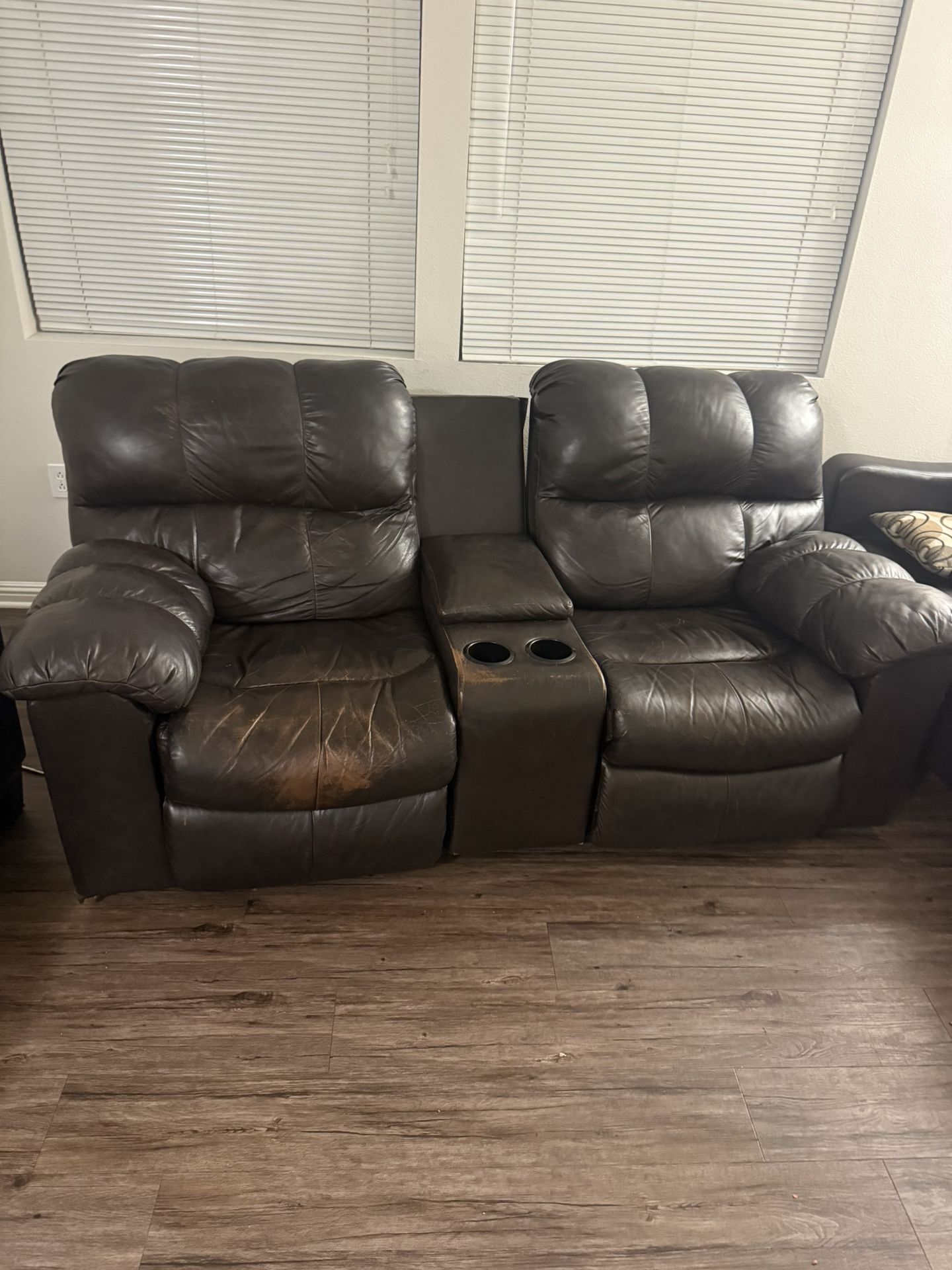 Dark Brown Leather Reclining Sofa + Loveseat Set with Center Console