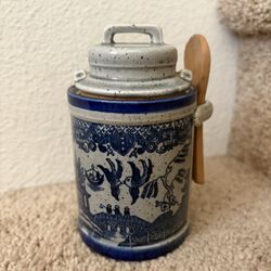 Vintage ceramic home sweet Japanese country style condiment and sugar jar with wooden spoon 3”W 5.5”H