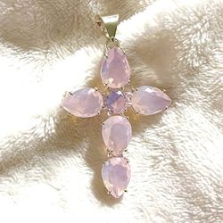 Pink Opalite Crystal Silver Cross 2.5” Pendant