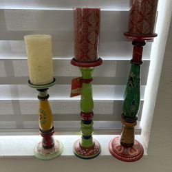 Hand-Painted Wooden Candle Holder Set (3 Pieces)