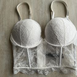 Victoria Secret White Lace Long Line Bra Sz 34C Worn Once 