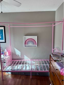 Amazon Pink Princess 4-Poster Canopy Twin Size Metal Bed Frame