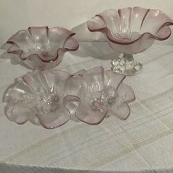  Mikasa Rosella Set Frosted Pink Glass Flower Rose Double Serving Bowl Tray Plate. This is a Three piece set that includes a double bowl candy dish 