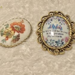 2 oval goldtone Brooch pins -1 w/flowers +1 w/bluebirds + flowers
