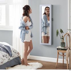 SONGMICS 6 LEDs Mirror Jewelry Cabinet, 47.2-Inch Tall Lockable Wall or Door Mounted Jewelry Armoire Organizer with Mirror, 2 Drawers, 3.9 x 14.6 x 47