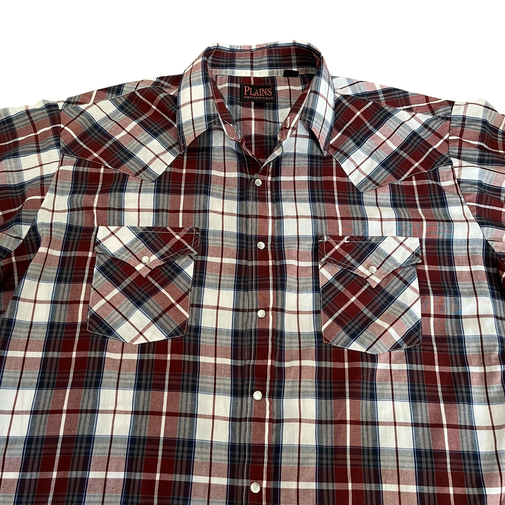 Plains Western Wear Shirt Mens Sz XL Plaid Pearl Snap Short Sleeve