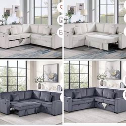 $550.  Sectional Pull Out Bed With Storage USB Cup Holder Available,I Ivory,Dark Gray,Corduroy