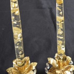 2 MCM CLEAR ACRYLIC LUCITE CANDLES GOLD FLECKS 9" & 2 GOLD METAL STANDS 3.25"