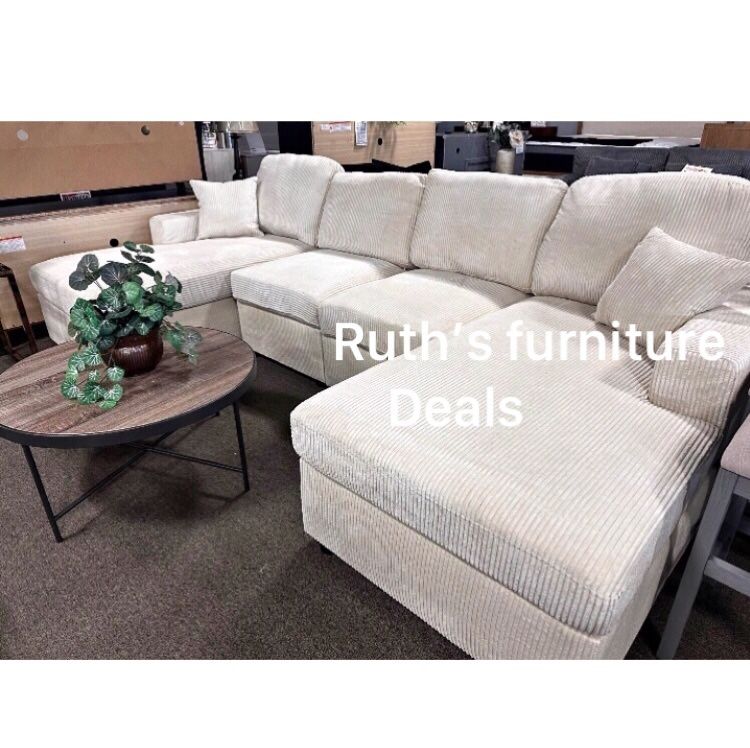 U Shape Sectional Sofa Couch, Double Chaise Ivory Corduroy