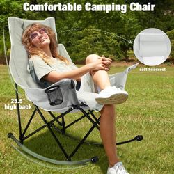 Outdoor Folding Rocking Camping Chair for Adults,Portable Oversized Heavy Duty Camping Rocker, Folding Lawn Chair for Outside Use with Cup Holder,Cool