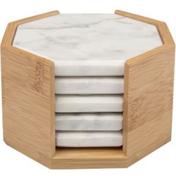 NIB D'Eco White Carrara Marble Coasters w/ Bamboo Holder - 5