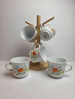 Vintage Corelle Wildflower Pattern Set of 6 Tea Cups / Coffee Mugs 1970's with Tree