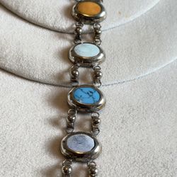 Old Silver Made In Mexico Bracelet With All Kinds Of Turquoises 