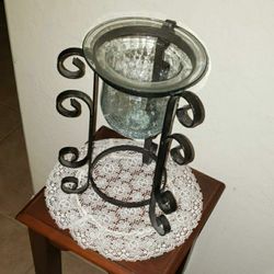 VINTAGE ORNATE WROUGHT CAST IRON SCROLL CRYSTAL GLASS CANDLE HOLDER ACCENT TABLE DISPLAY DECOR