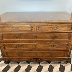 Antique French Provincial Dresser / Drawers / Cabinet with Rose Marble Top